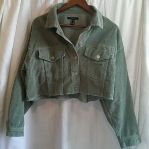 Forever 21 Medium Cropped Corduroy Jacket Sage Green Raw Hem Retro 100% Cotton